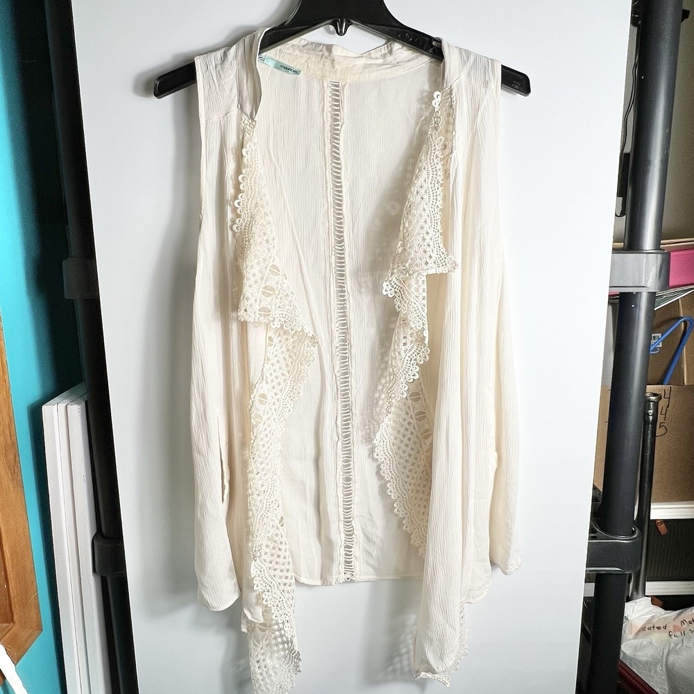 Maurices‎ Cream Lace Trim Open Front Vest Top Womens S/M Boho Crochet Drape READ